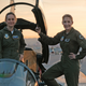 Brie Larson, star of Captain Marvel, does some research with Brigadier General Jeannie Leavitt, 57th Wing Commander at Nellis Air Force Base in Nevada.